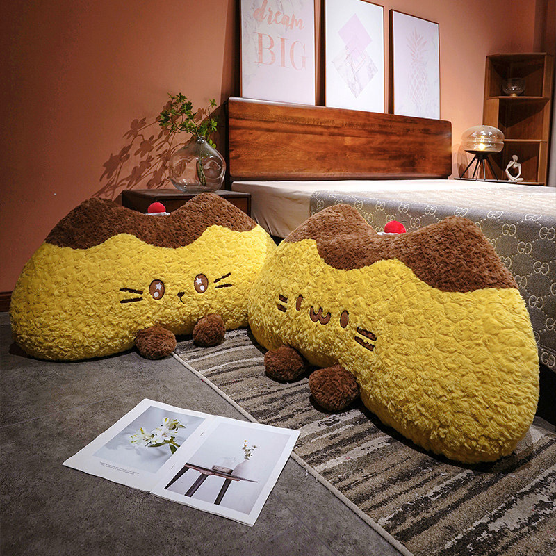 Pudding cat plush backrest pillows in round eyes and starry eyes designs, fluffy cushions providing cozy back support for relaxing beside the bed