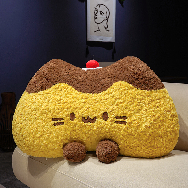 Pudding cat plush backrest pillow with fluffy curly plush fabric, cute pudding cat cushion designed for comfortable back support on beds or sofas