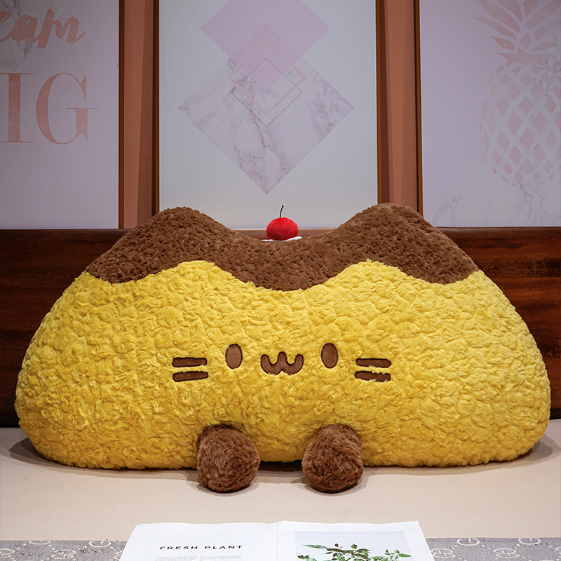 Pudding cat plush backrest pillow with fluffy curly plush fabric, cute pudding cat cushion designed for comfortable back support on beds or sofas
