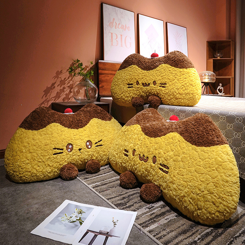 Pudding cat plush backrest pillows in multiple sizes with soft curly plush fabric, cute bedroom cushions for comfortable lounging and decor