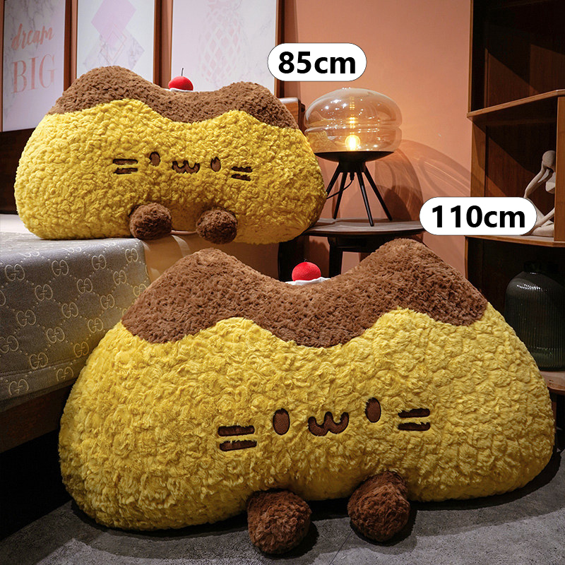 Pudding cat plush backrest pillow size comparison showing 85 cm and 110 cm cushions, soft curly plush pillows designed for comfortable bed headboard support