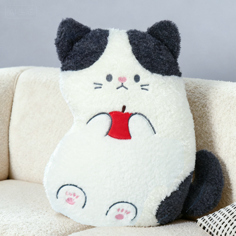 Apple cat plush pillow on back style cute cat cushion holding a red apple, soft plush pillow displayed on a cozy sofa for relaxing home decor