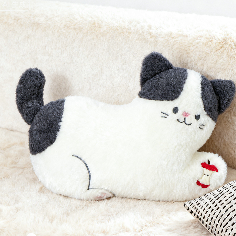 Apple cat plush pillow lying style soft cat cushion with apple detail, cute plush pillow displayed on a cozy sofa for warm home decor