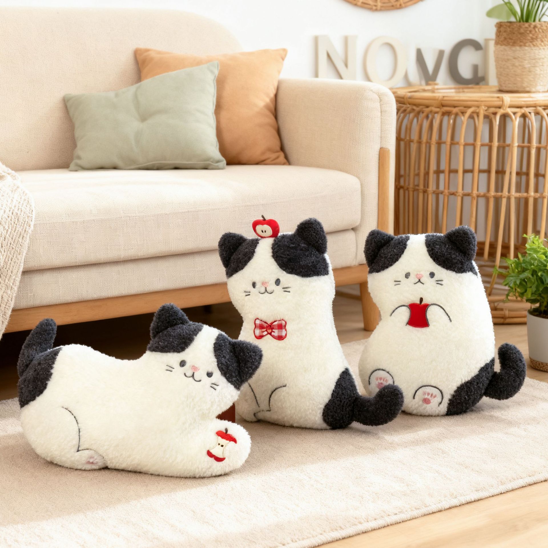 Apple cat plush pillow collection featuring lying, sitting and on back styles, soft cat cushions with apple details displayed in a cozy living room setting