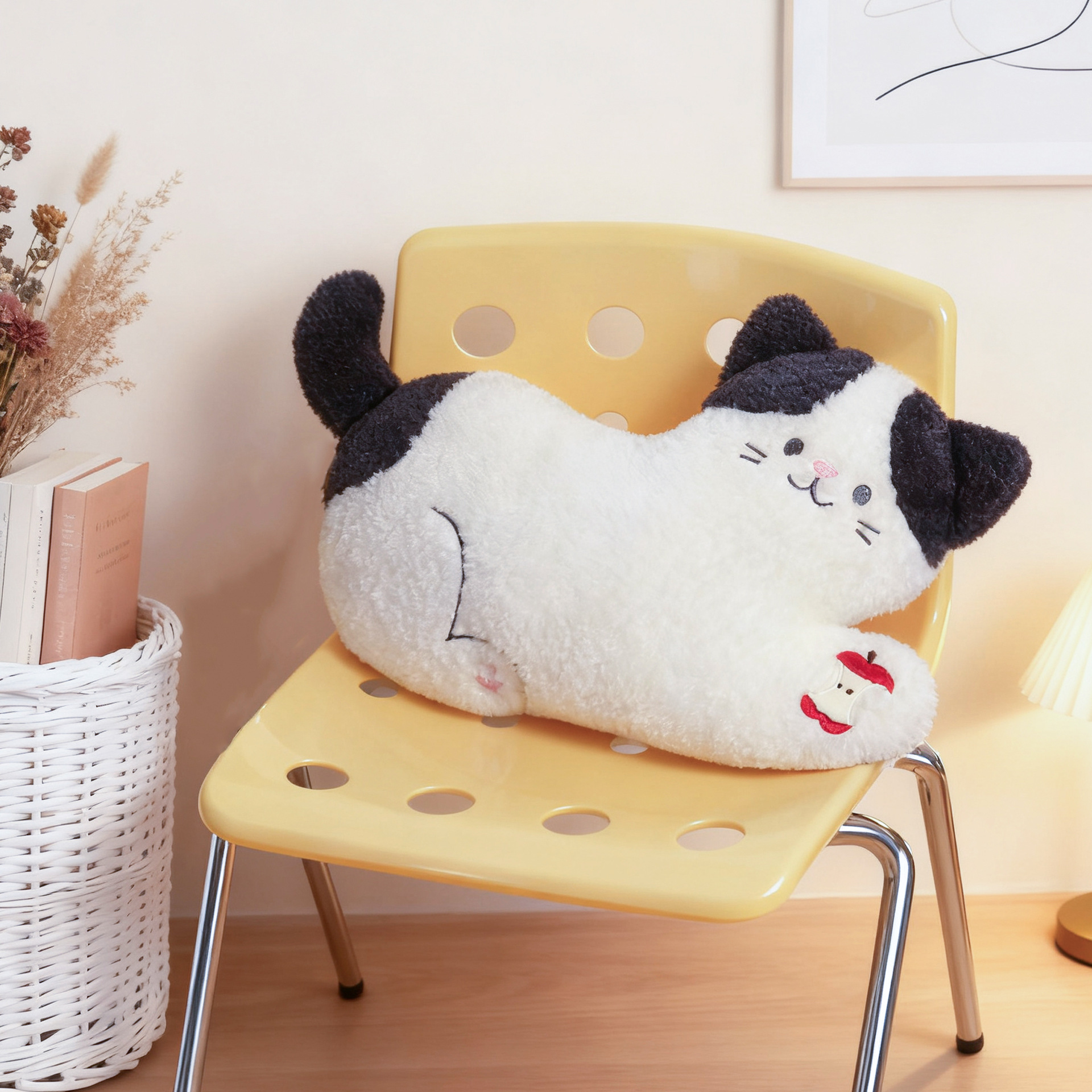 Apple cat plush pillow lying style soft cat cushion with apple detail resting on a chair, cozy decorative plush for sofa, bed, or relaxing home spaces