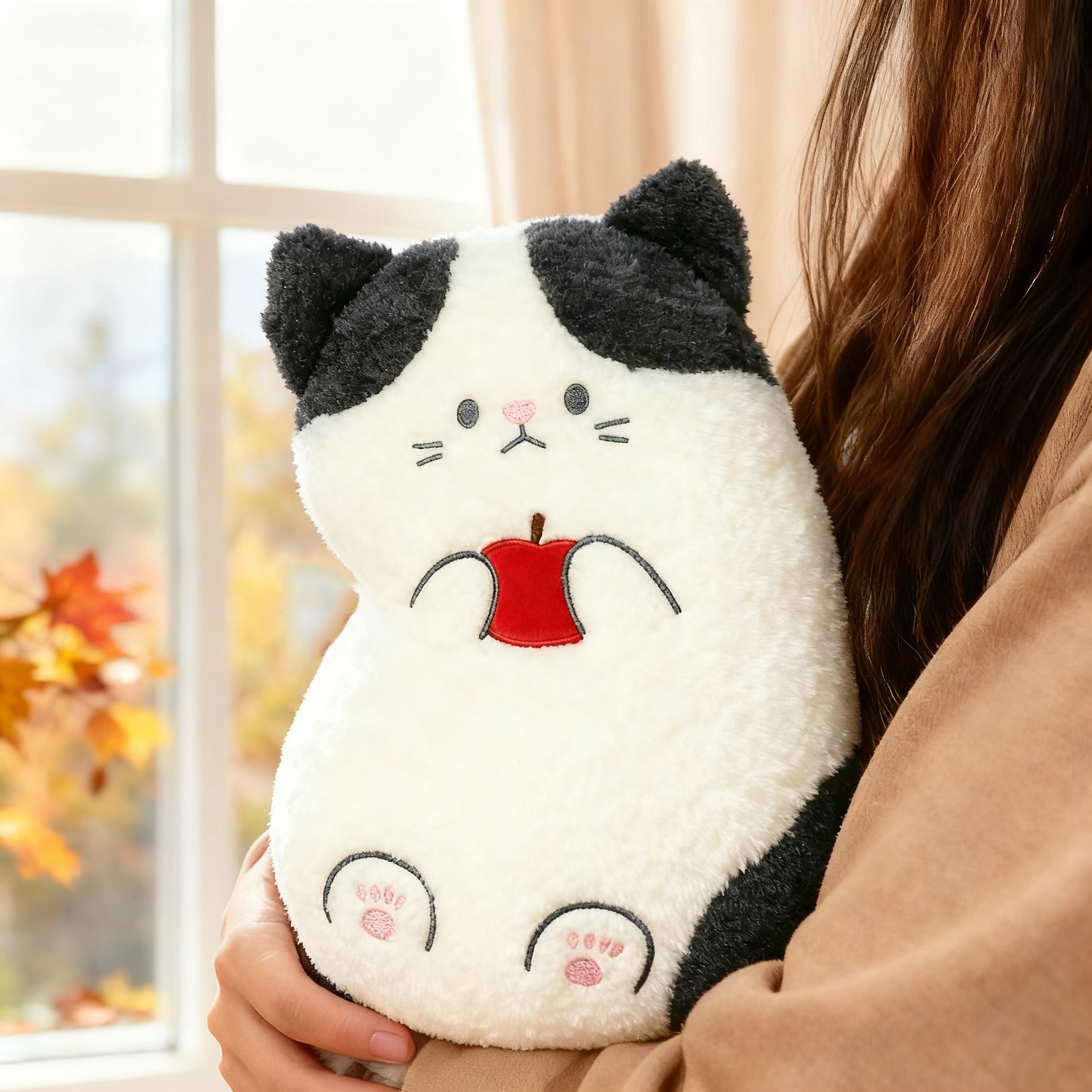 Apple cat plush pillow on back style cute cat cushion holding a red apple, soft plush decorative pillow perfect for hugging and cozy home decor