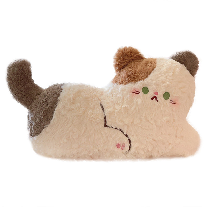 Calico cat plush pillow in lying style with fluffy plush fabric and soft PP cotton filling, a cute stuffed cushion for hugging, relaxing, or cozy home decor