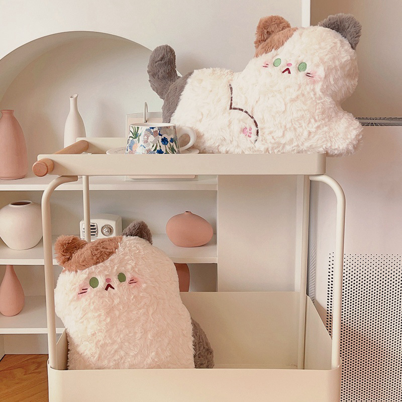 Cute calico cat plush pillow in sitting and lying styles with soft fluffy fabric, a decorative plush cushion perfect for cozy bedroom decor