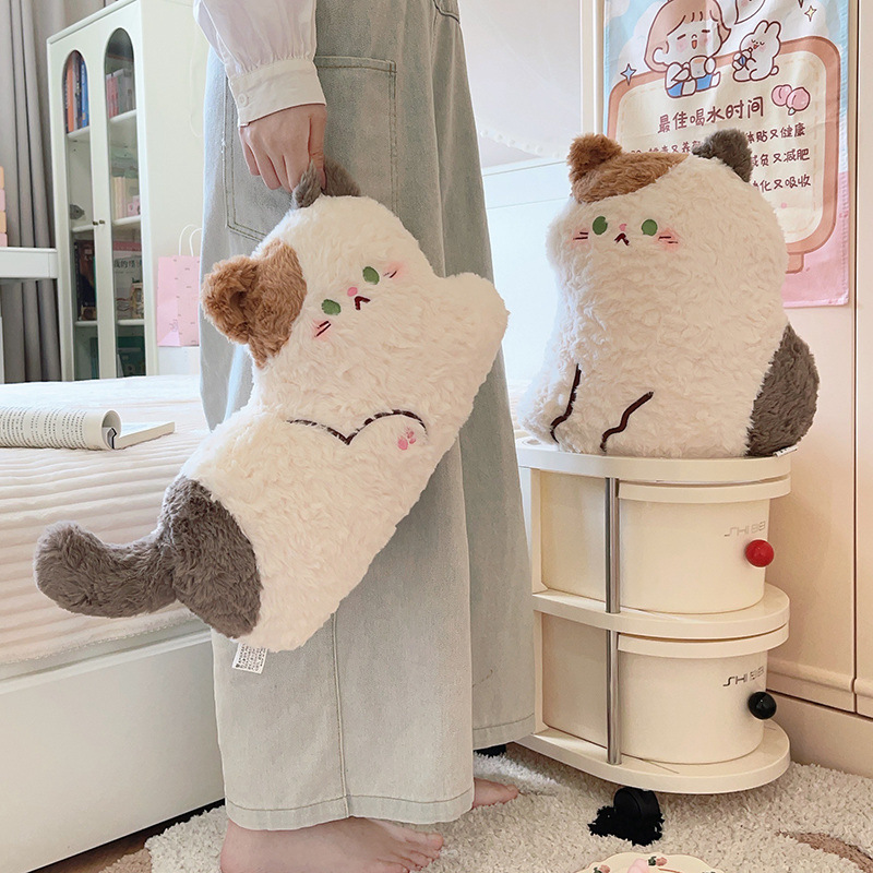 Cute calico cat plush pillows in sitting and lying styles with fluffy plush fabric, soft stuffed cushions perfect for hugging, relaxing, or decorating cozy bedroom spaces