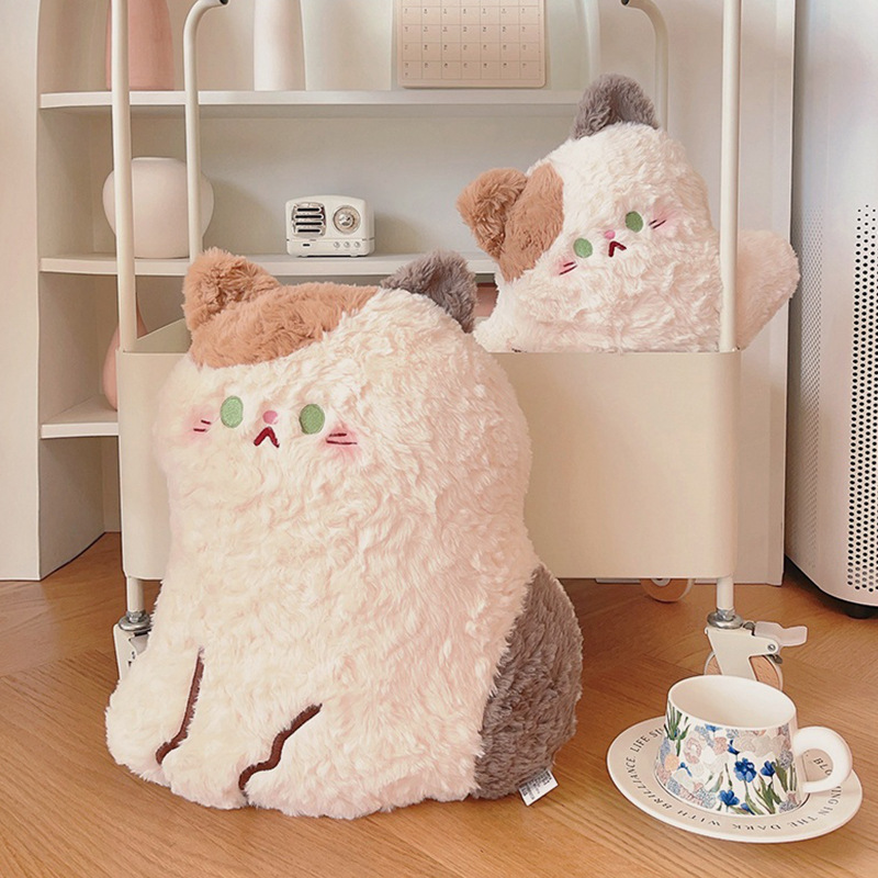 Calico cat plush pillow with soft fluffy texture styled in a cozy room setting, a cute plush cushion for relaxing spaces and home decoration