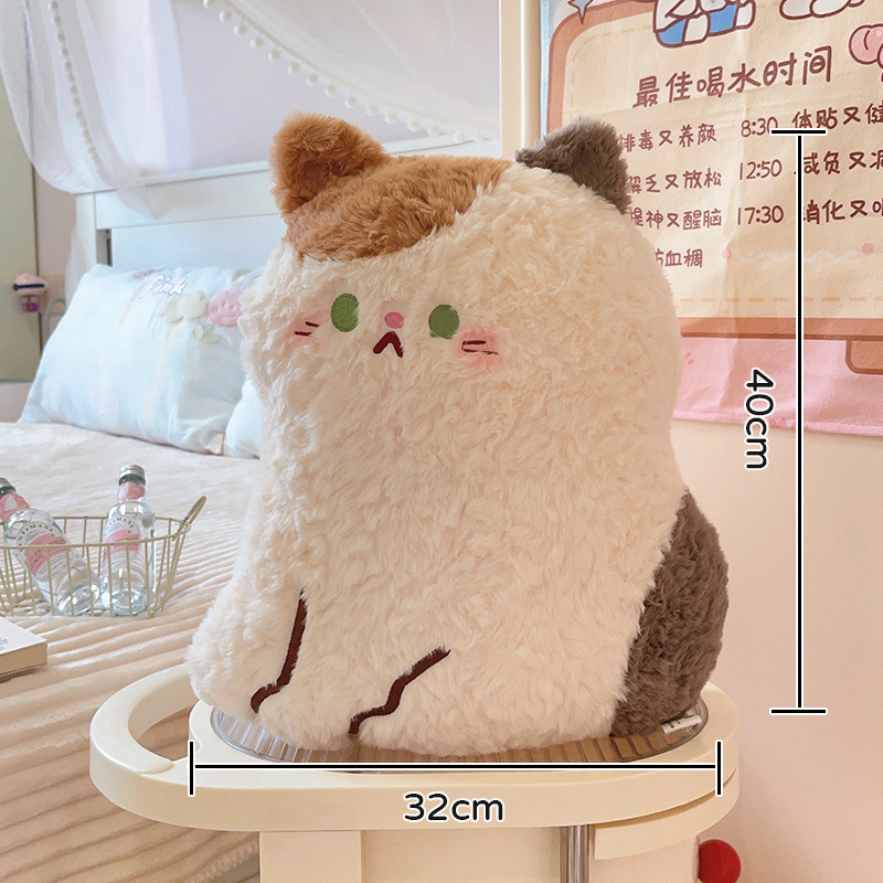 Cute calico cat plush pillow in sitting style with fluffy plush fabric, size reference showing approximately 40 cm height and 32 cm width