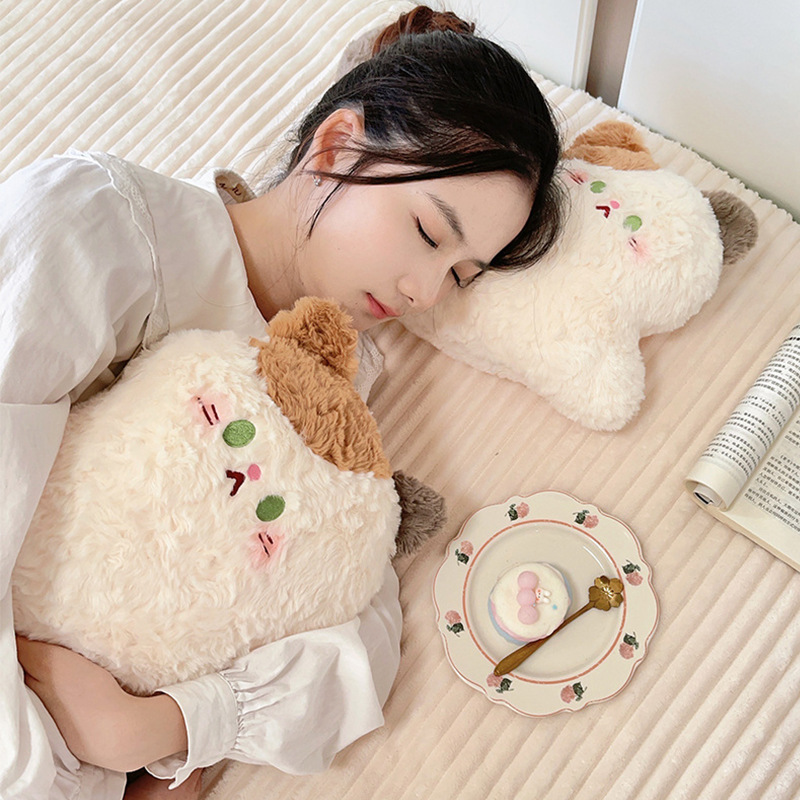 Cute calico cat plush pillow in sitting style with fluffy plush fabric, a soft stuffed cushion perfect for hugging, relaxing, or cozy bedroom lounging