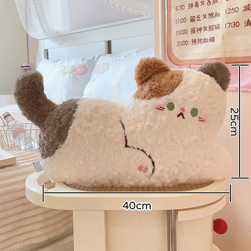 Calico cat plush pillow in lying style with soft fluffy texture, size reference showing approximately 40 cm length and 25 cm height