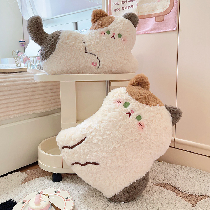 Cute calico cat plush pillows in sitting and lying styles with fluffy plush texture, soft stuffed cushions perfect for hugging, relaxing, or decorating cozy bedroom spaces