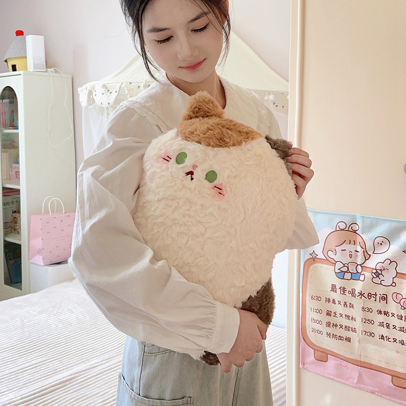 Cute calico cat plush pillow in sitting style with fluffy plush fabric, a soft stuffed cushion designed for hugging, relaxing, and adding warmth to cozy bedroom decor