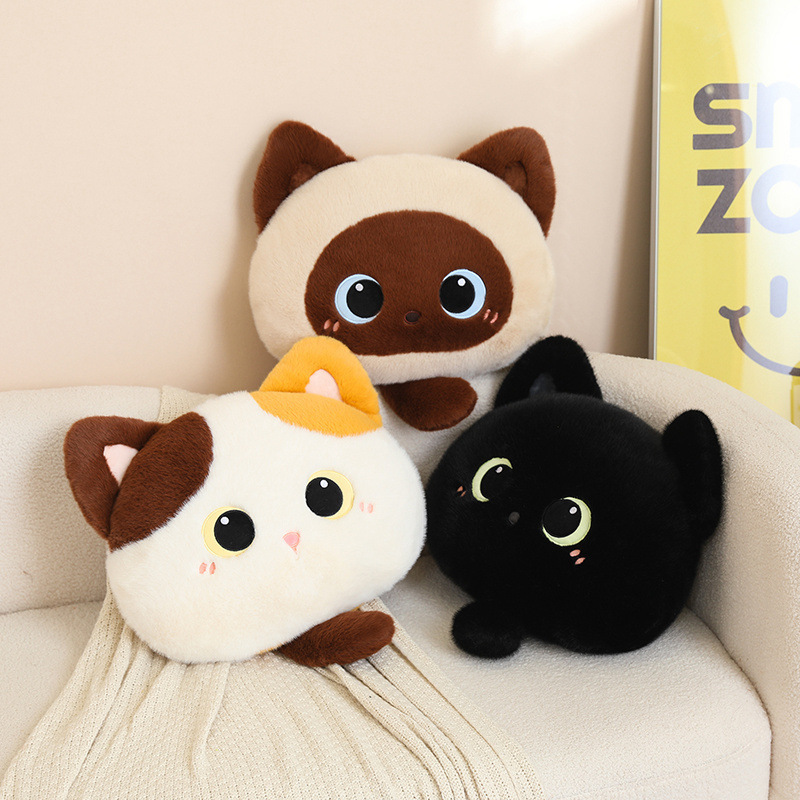 Cat head plush pillows in three adorable styles on a cozy sofa, soft fluffy cushions with big eyes designed for hugging, relaxing, and adding a cute touch to living rooms or bedrooms