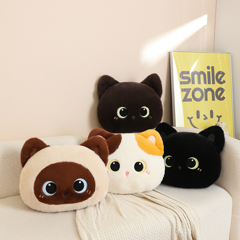 Cat head plush pillows in four adorable styles on a cozy sofa, soft fluffy cushions with big eyes perfect for hugging, relaxing, and adding a cute touch to living rooms or bedrooms