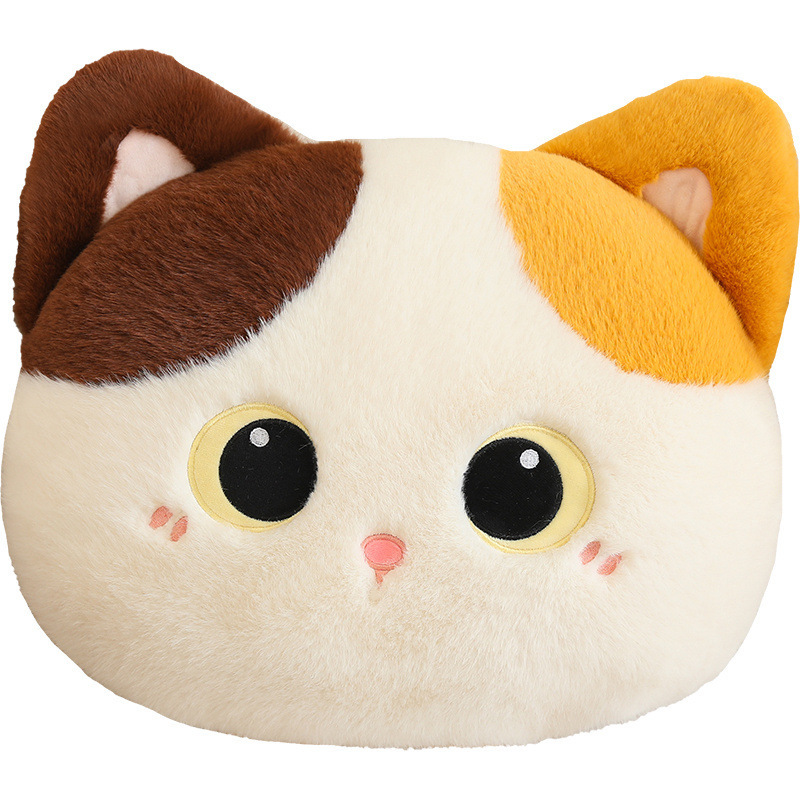Calico cat head plush pillow with big eyes and soft fluffy texture on white background, a cute round cushion perfect for hugging, napping, or decorating sofas and beds