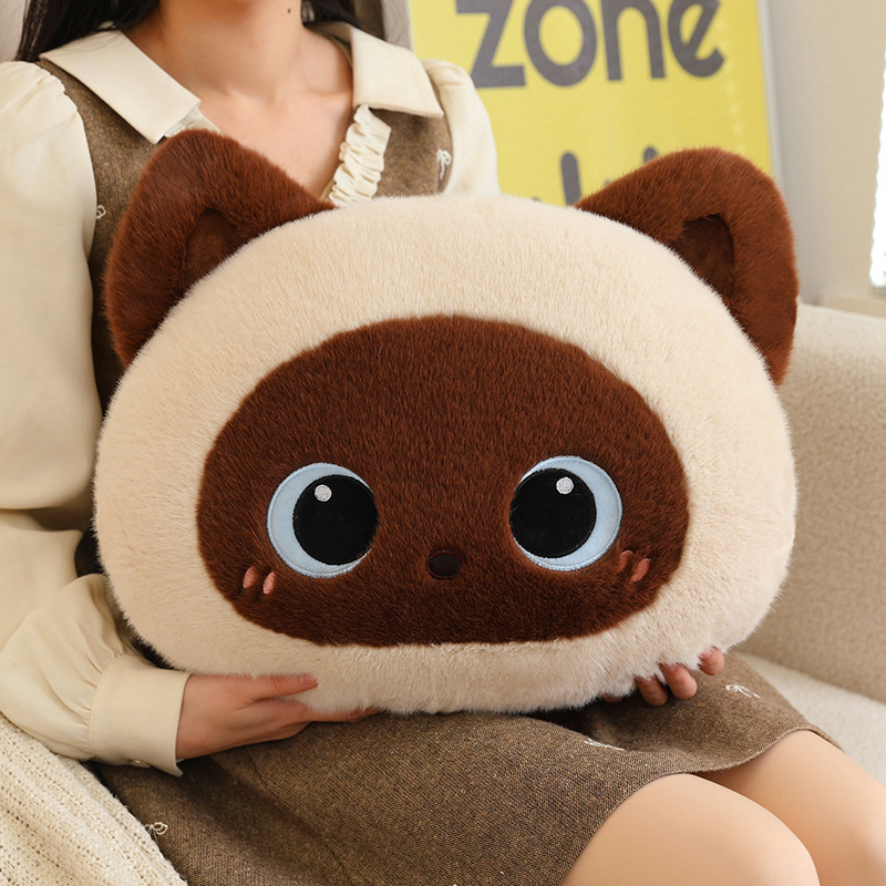 Siamese cat head plush pillow with soft plush fabric and round shape, a fluffy cat face cushion ideal for hugging, relaxing, and adding a cute touch to home decor