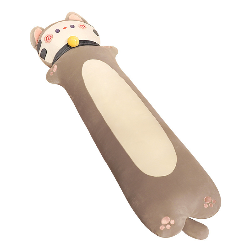 Gray cuddle cat long plush pillow, soft cat body pillow with plush fabric and long design for hugging and relaxation