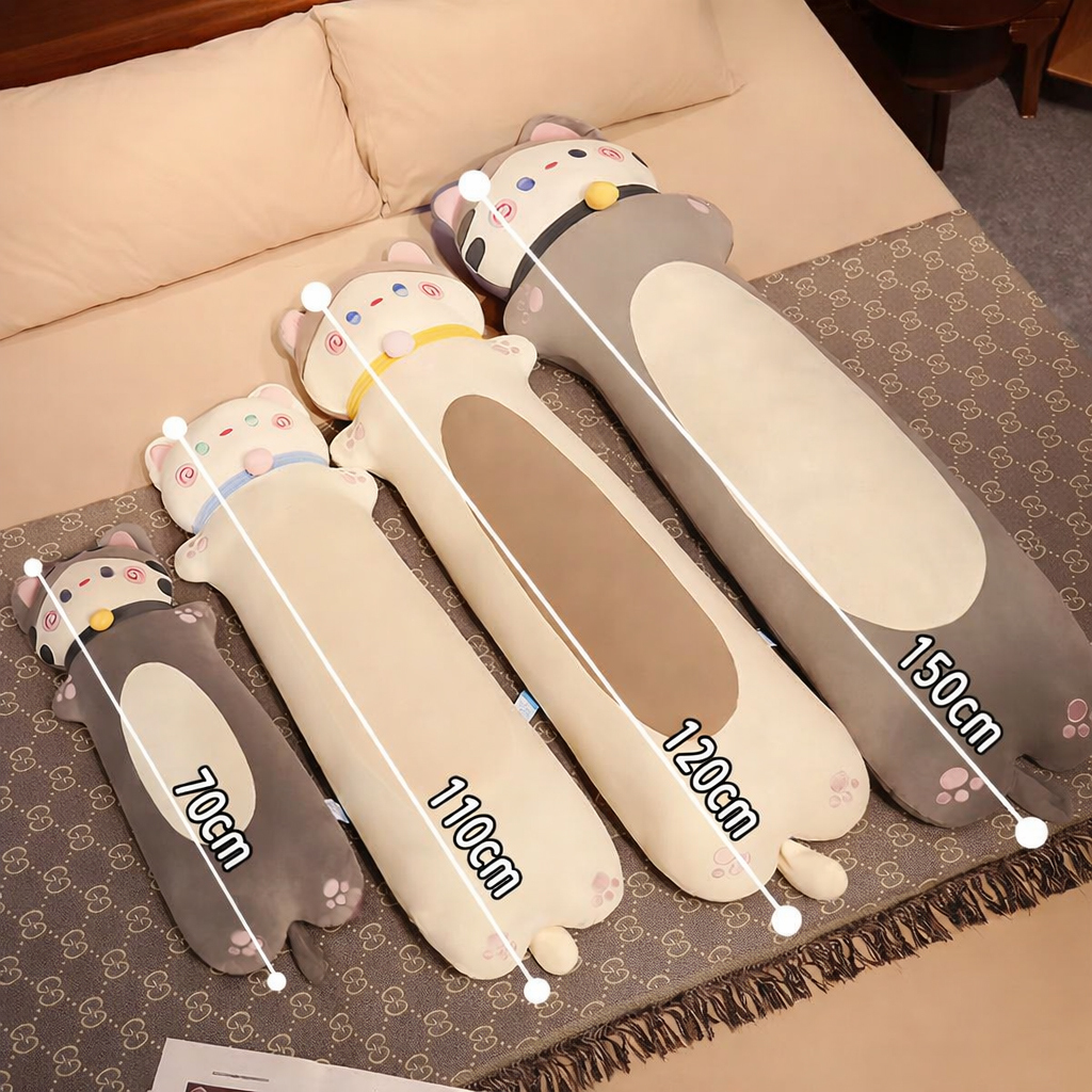 Cuddle cat long plush pillow size comparison showing 70 cm, 100 cm, 120 cm, and 150 cm cat body pillow sizes for hugging and bed comfort