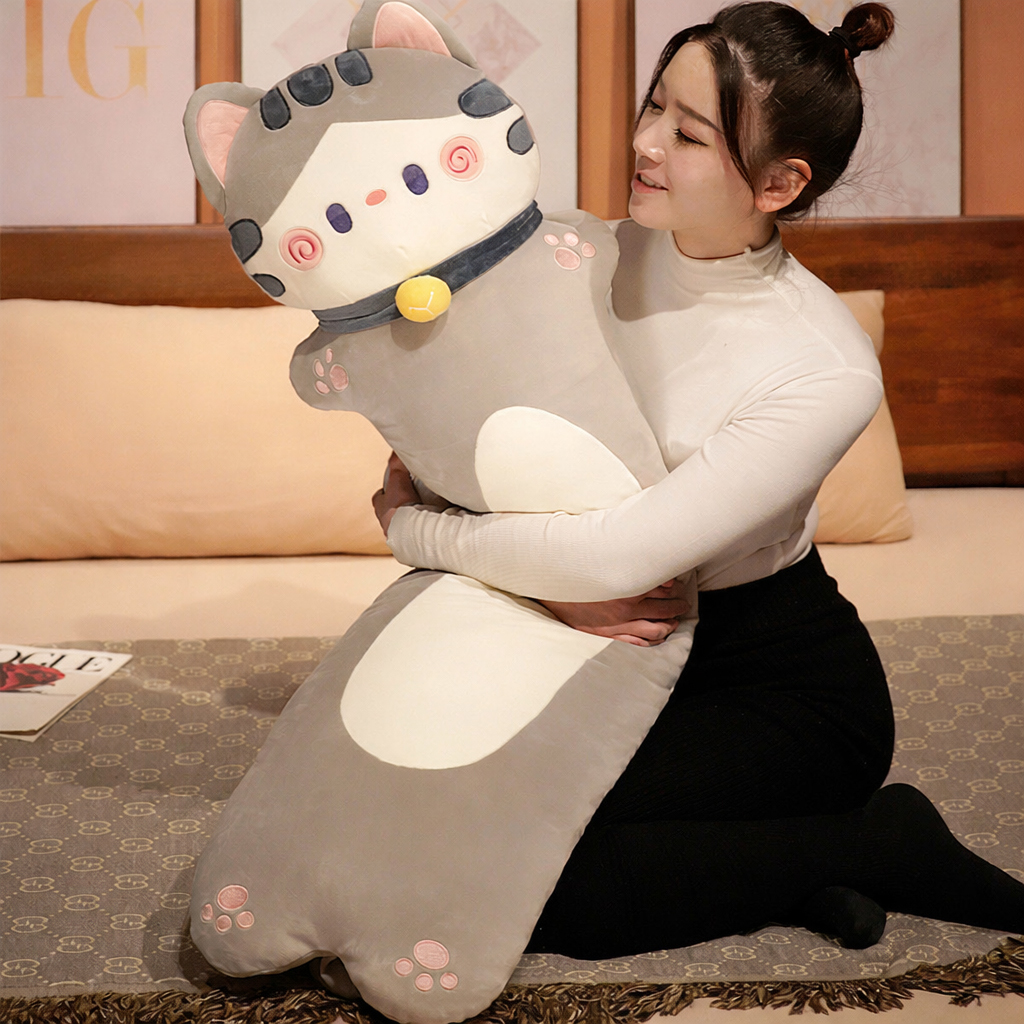 Cuddle cat long plush pillow in gray color, soft cat body pillow designed for hugging, lounging, and cozy bedroom relaxation
