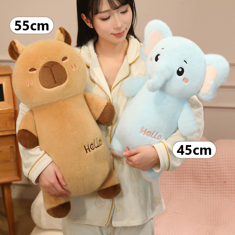 Chubby animal plush toys showing 45cm and 55cm sizes, capybara and elephant stuffed animals made with soft plush fabric and PP cotton filling