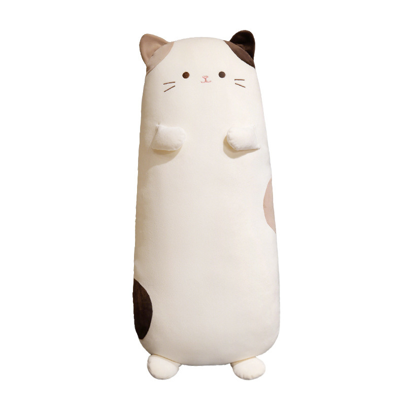 Calico cat long plush pillow with a cute cat face design, soft plush fabric and PP cotton filling, a cozy body pillow perfect for hugging, lounging, and bedroom decor