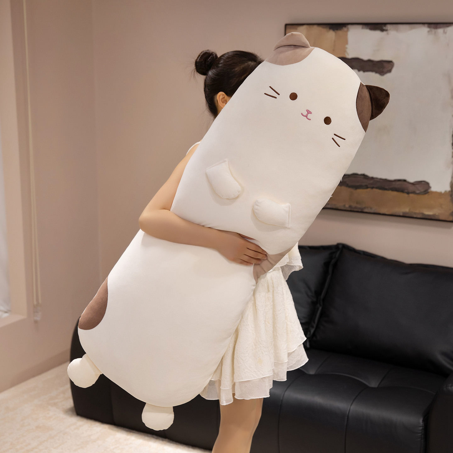 Calico cat long plush pillow soft body pillow with cute cat design, perfect for hugging, relaxing, and adding cozy comfort to beds, sofas, and living spaces