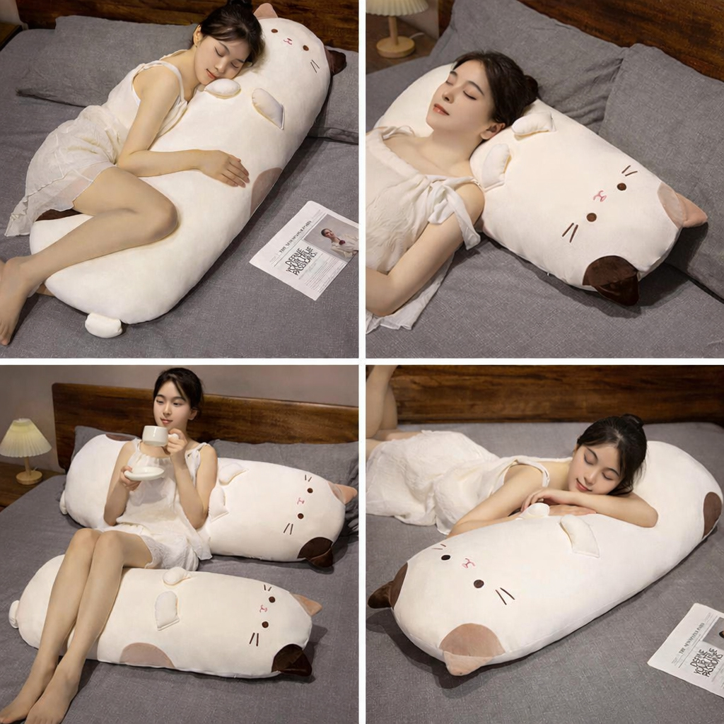 Calico cat long plush pillow used for hugging, lounging, and sleeping on a bed, soft body pillow with cute cat design for cozy comfort and bedroom relaxation