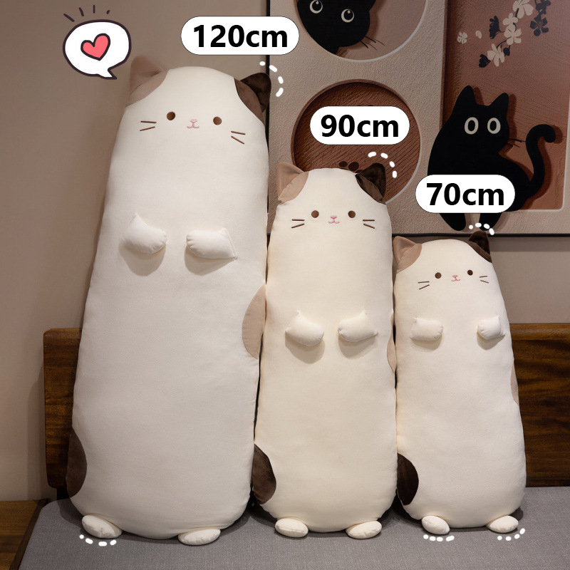 Calico cat long plush pillow size comparison showing 70 cm, 90 cm, and 120 cm options, soft body pillow with cute cat design ideal for hugging, lounging, or bedroom decor