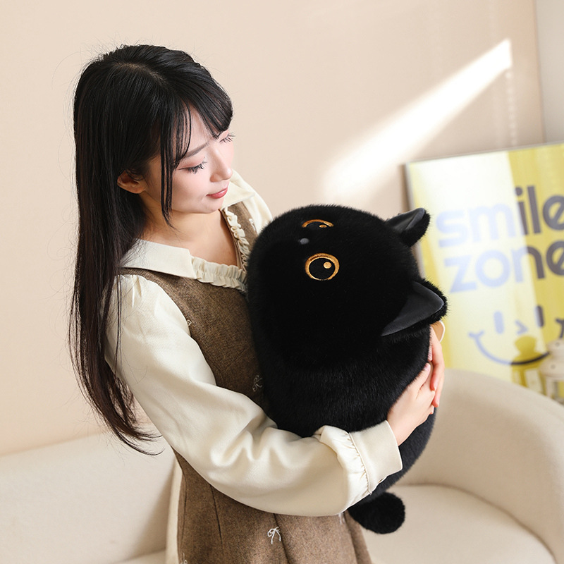 Black bread cat plush pillow with cute round loaf-cat design and big eyes, soft fluffy cat cushion for hugging, relaxing and cozy sofa decor