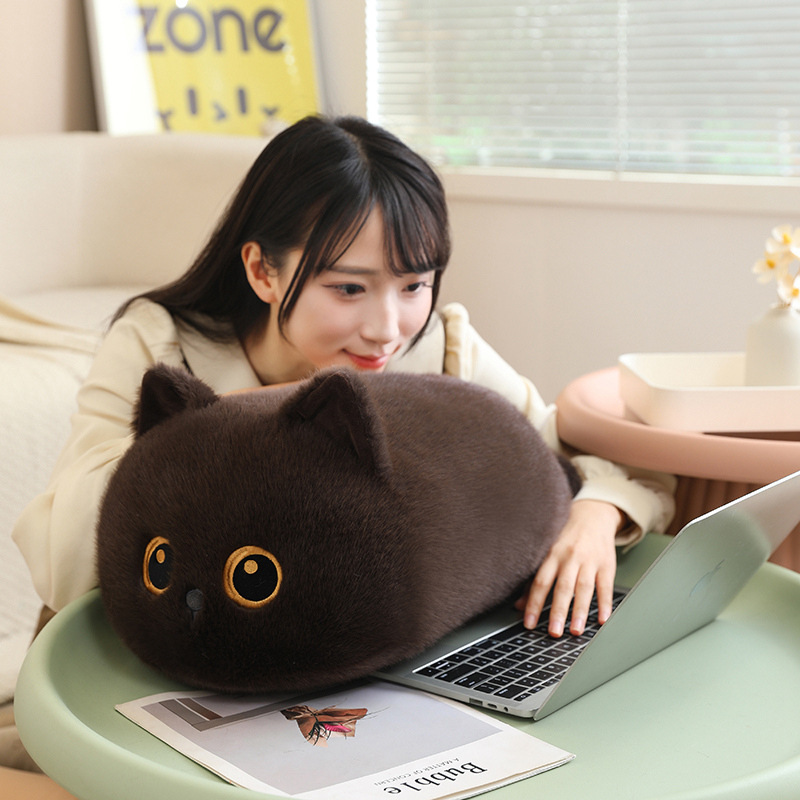 Bread cat plush pillow in brown style with cute round loaf-cat shape, soft fluffy cat cushion for hugging, relaxing and cozy sofa decor