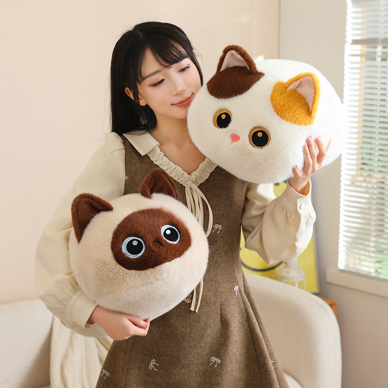 Bread cat plush pillows in calico and siamese styles, soft round loaf-cat cushions perfect for hugging, relaxing and decorating sofas or beds