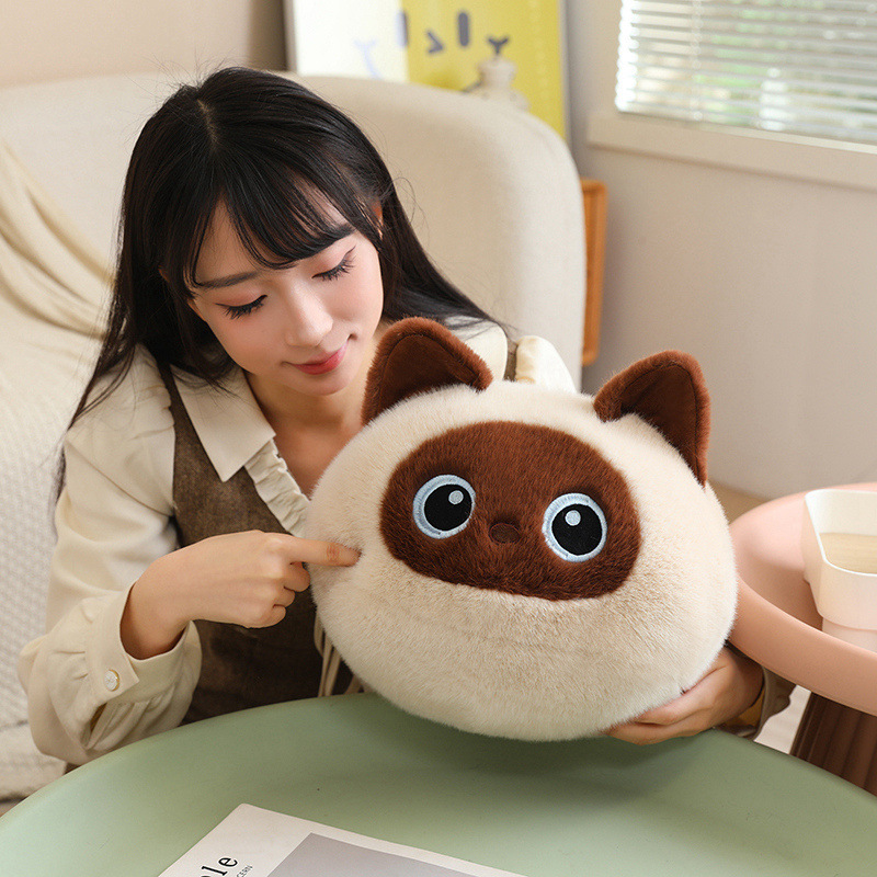 Bread cat plush pillow in siamese style with round loaf-cat design and big eyes, soft fluffy cat cushion for hugging, relaxing and decorating sofas or beds