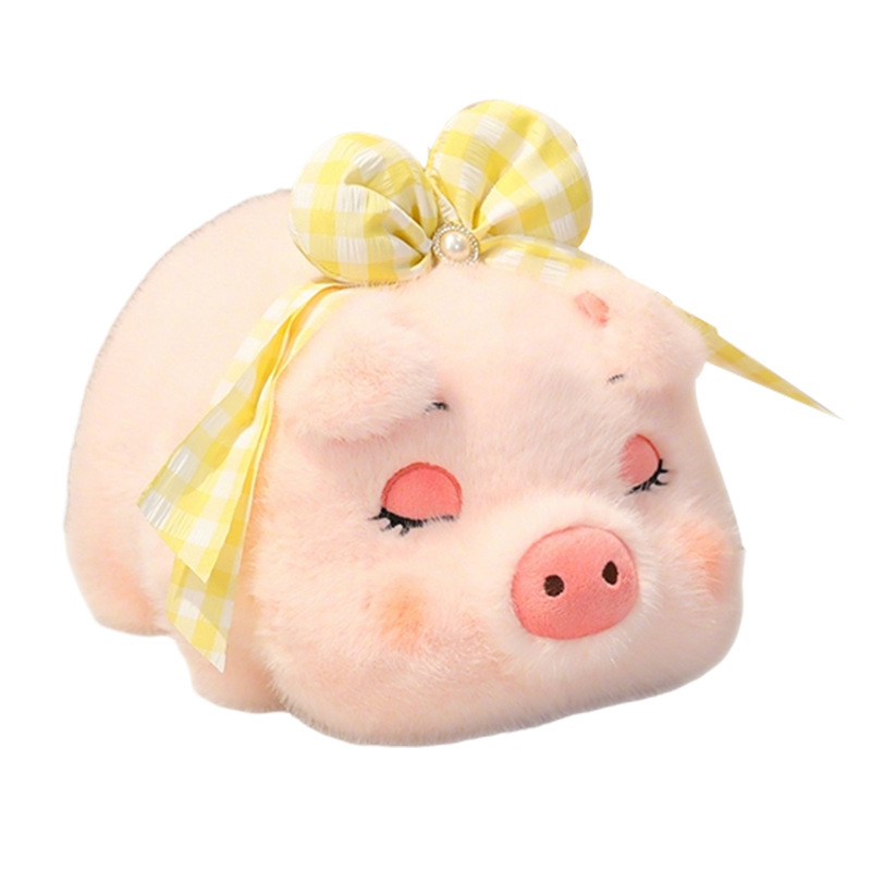 Fluffy pig plush toy with sleepy eyes and yellow bow, soft pink stuffed animal perfect for hugging, relaxing, or cozy home decor