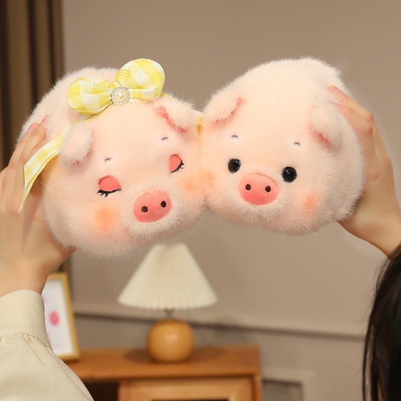 Fluffy pig plush toys with sleepy eyes and round eyes designs, soft pink stuffed animals showing two cute pig styles