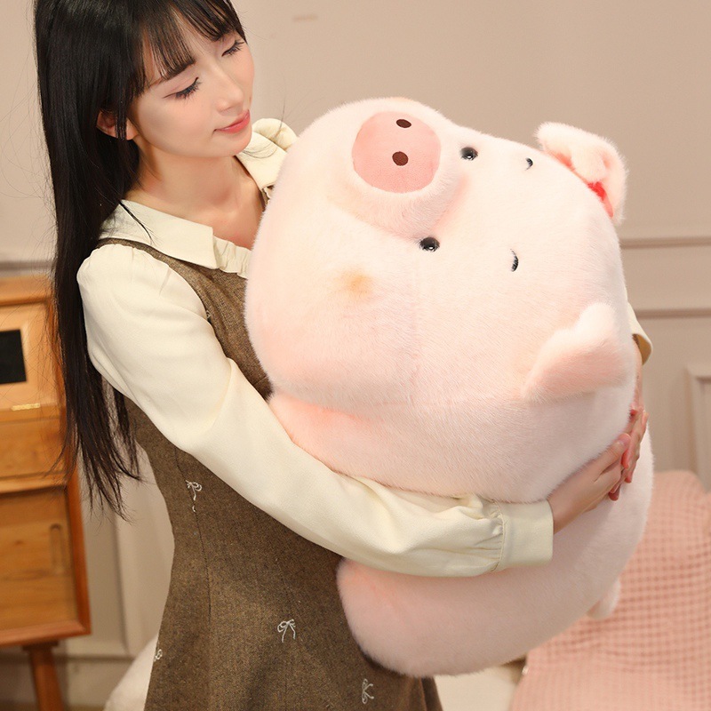 Fluffy pig plush toy with soft pink plush fabric and round chubby body, cute stuffed pig perfect for hugging