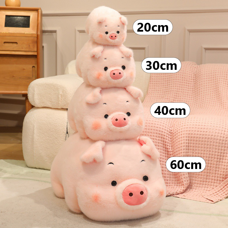 Fluffy pig plush toy size comparison showing 20cm, 30cm, 40cm and 60cm soft pink stuffed pig toys in different sizes