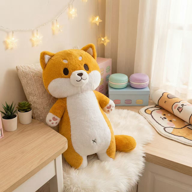 Cute Shiba Inu plush pillow sitting on a chair in a cozy room, soft dog plush pillow for cuddling and home decoration