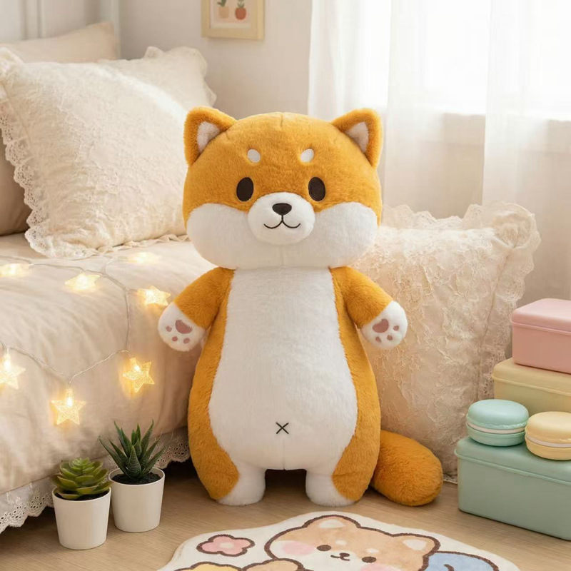 Cute Shiba Inu plush pillow standing beside a cozy bed, soft dog plush pillow for hugging, relaxing, and bedroom decor