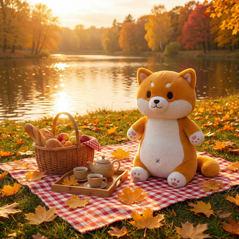 Cute Shiba Inu plush pillow sitting on a picnic blanket by a lake, adorable dog plush pillow for cozy home decoration