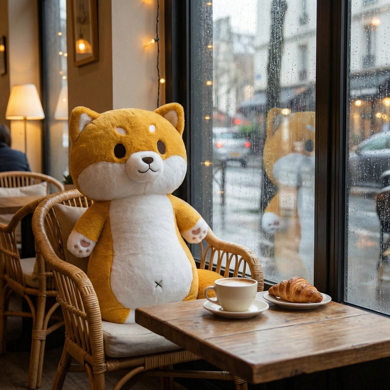 Cute Shiba Inu plush pillow sitting on a chair in a cozy cafe, soft dog plush pillow for hugging and home decor