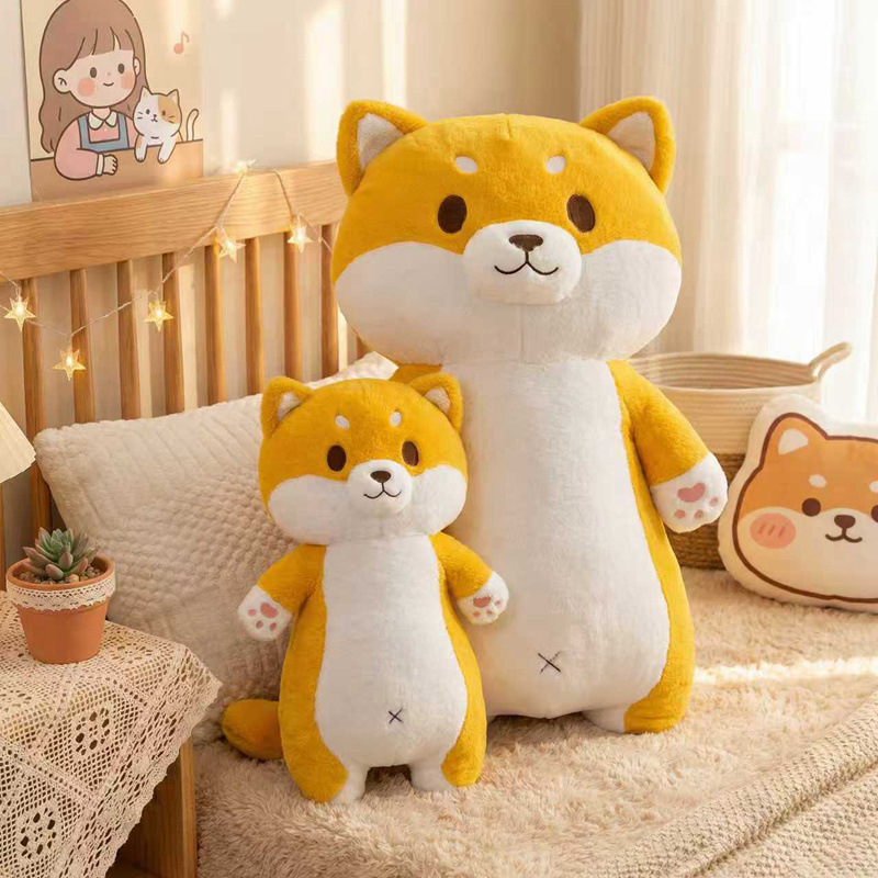 Cute Shiba Inu plush pillow in 90cm and 150cm sizes placed on a cozy bed, soft dog plush pillow for hugging and home decor