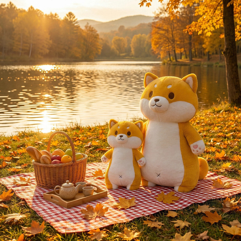 Cute Shiba Inu plush pillow in two sizes sitting on a picnic blanket by a lake, adorable dog plush pillow for cozy decoration