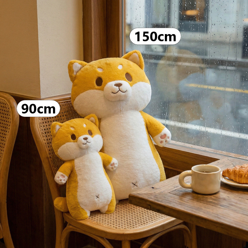 Cute Shiba Inu plush pillow size comparison showing 90 cm and 150 cm dog plush pillows sitting on a chair by a window