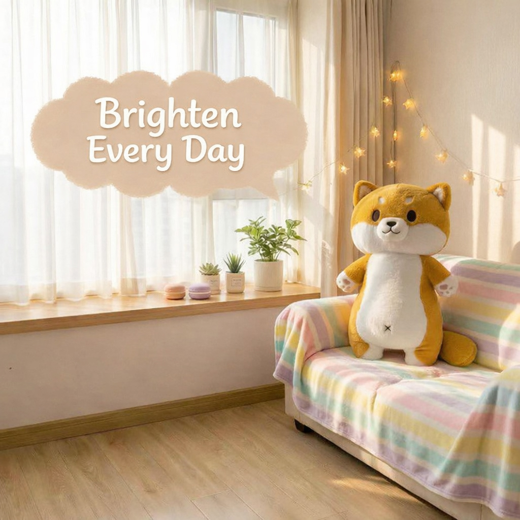Cute Shiba Inu plush pillow on a colorful sofa in a bright cozy room with the message Brighten Every Day