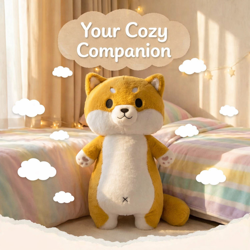 Cute Shiba Inu plush pillow in a cozy bedroom scene with the message Your Cozy Companion