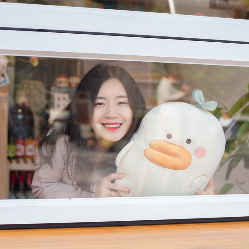 Duck plush pillow by the window as a soft and cozy cushion, ideal for relaxing and warm home decoration