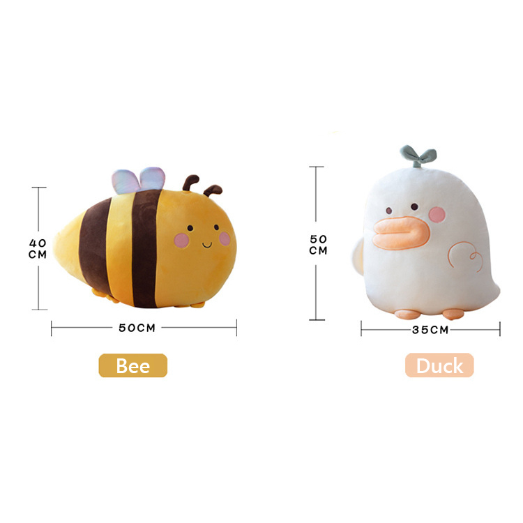 Duck and bee plush pillow size comparison showing dimensions, soft hugging cushions for home decor and comfort